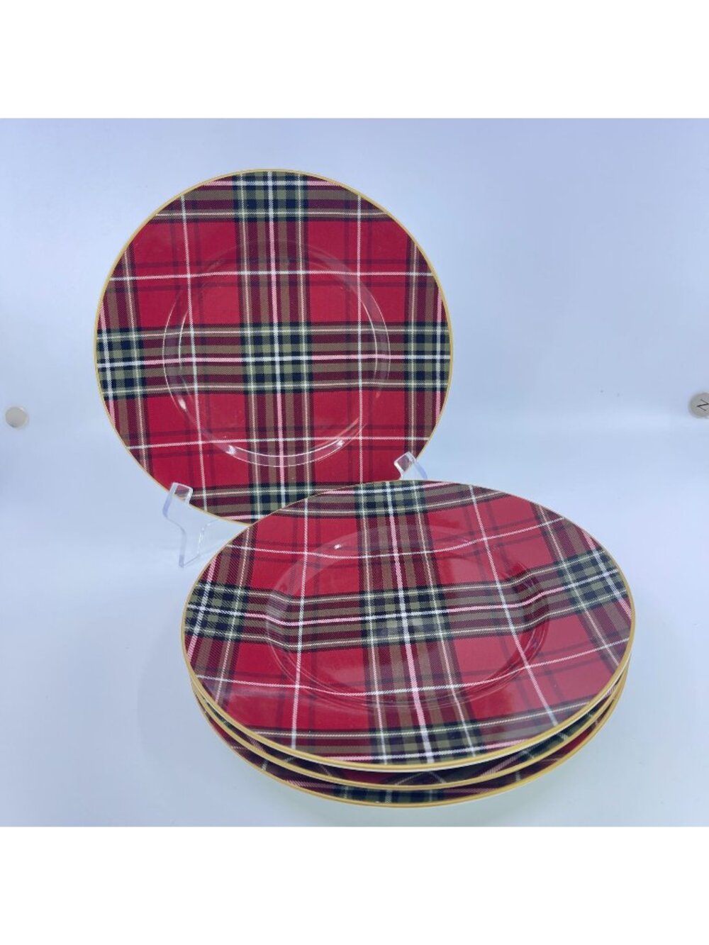 222 fifth wexford red tartan plaid porcelain salad plates gold rim set of 4